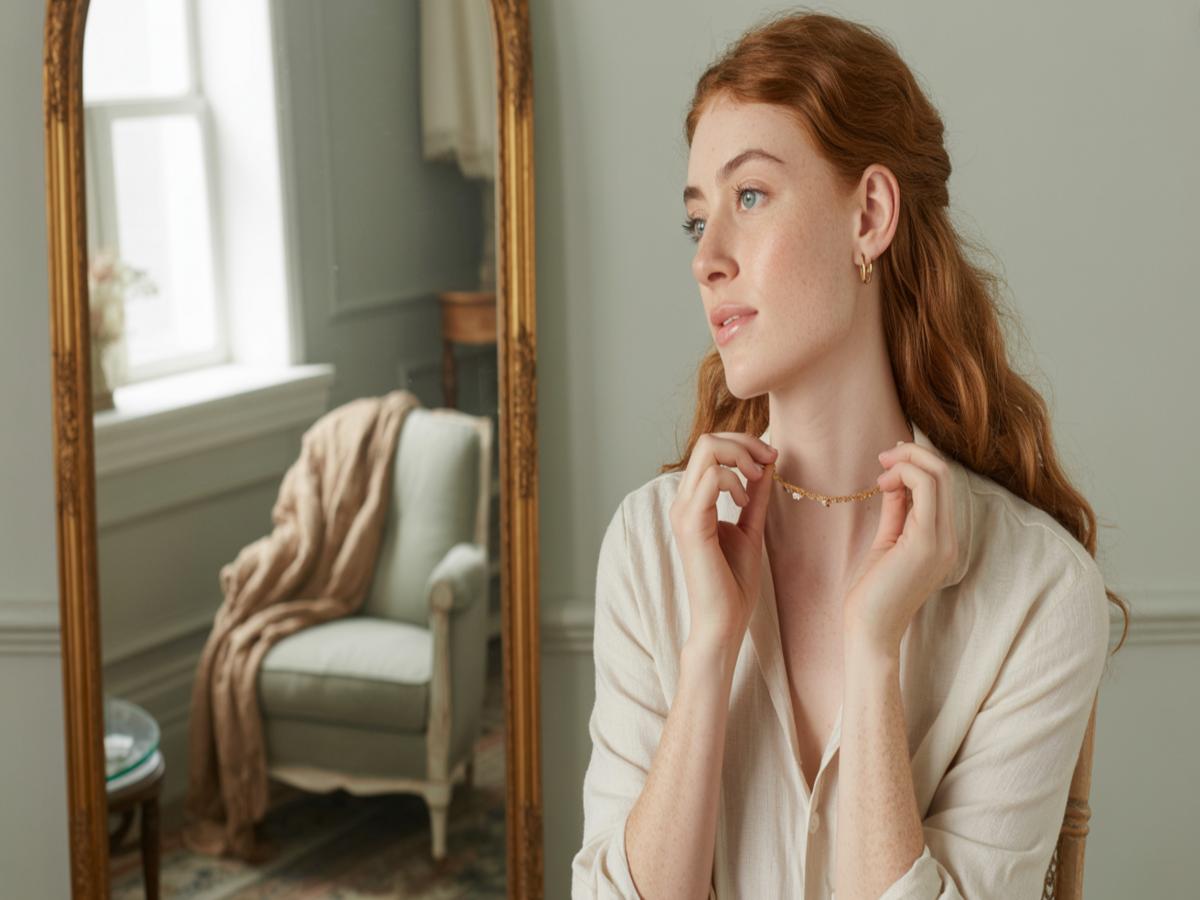Woman styling a casual outfit in front of a mirror for Longevity Skincare